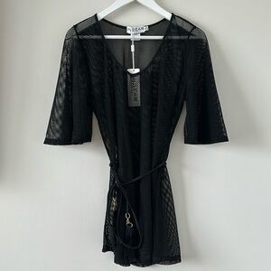 Black Swim Cover Up Mesh Wrap Short Tie Waist Tassle Sheer Sexy Vacation Beach